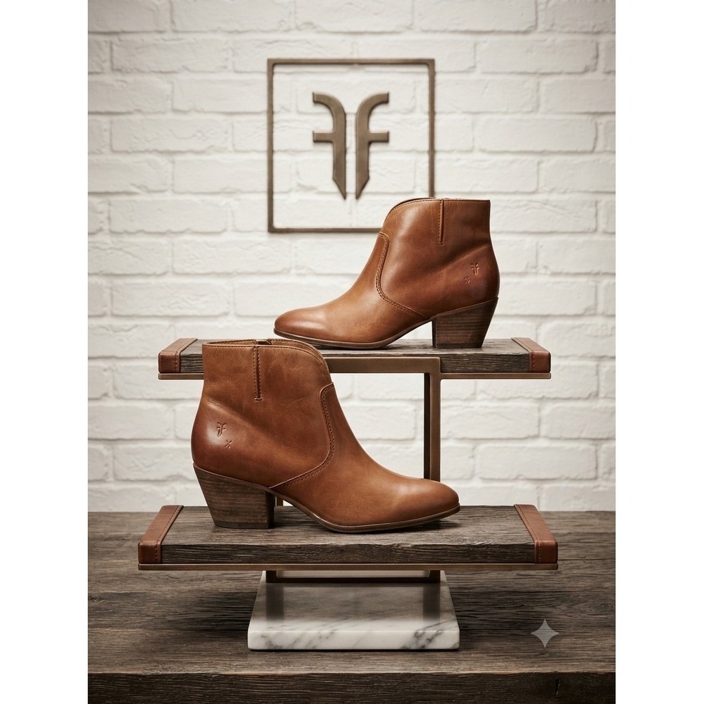 Frye Womens Cognac Leather Ankle Boots Western V-Cut Booties 8.5M 3471729-WHE